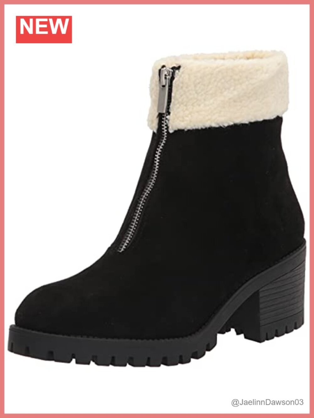 Suede Ankle Bootie with Faux Shearling Collar and Block Heel